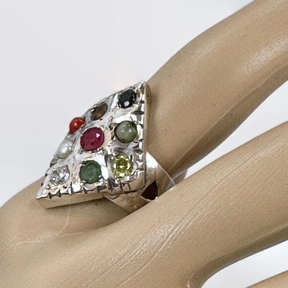 Gemstone Ring, Navratna, Sterling Silver,India, Size 8 1/2, Stones, Vintage, NOS - Picture 2 of 6